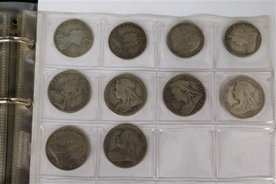 An album of UK silver coinage Charles II to George V including James I shilling and other coins